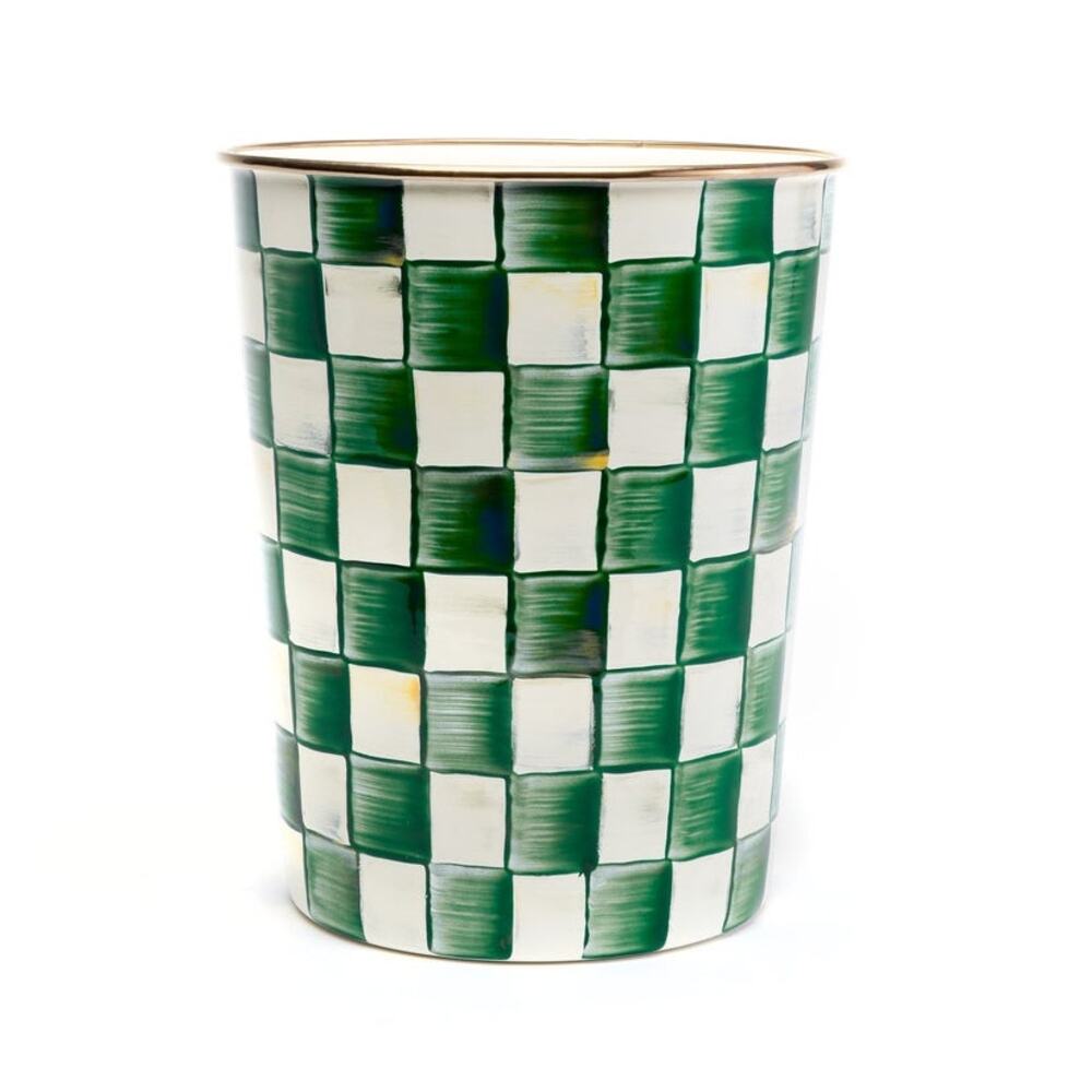 MacKenzie-Childs Emerald Check Waste Bin 9.5in Hand Painted NEW
